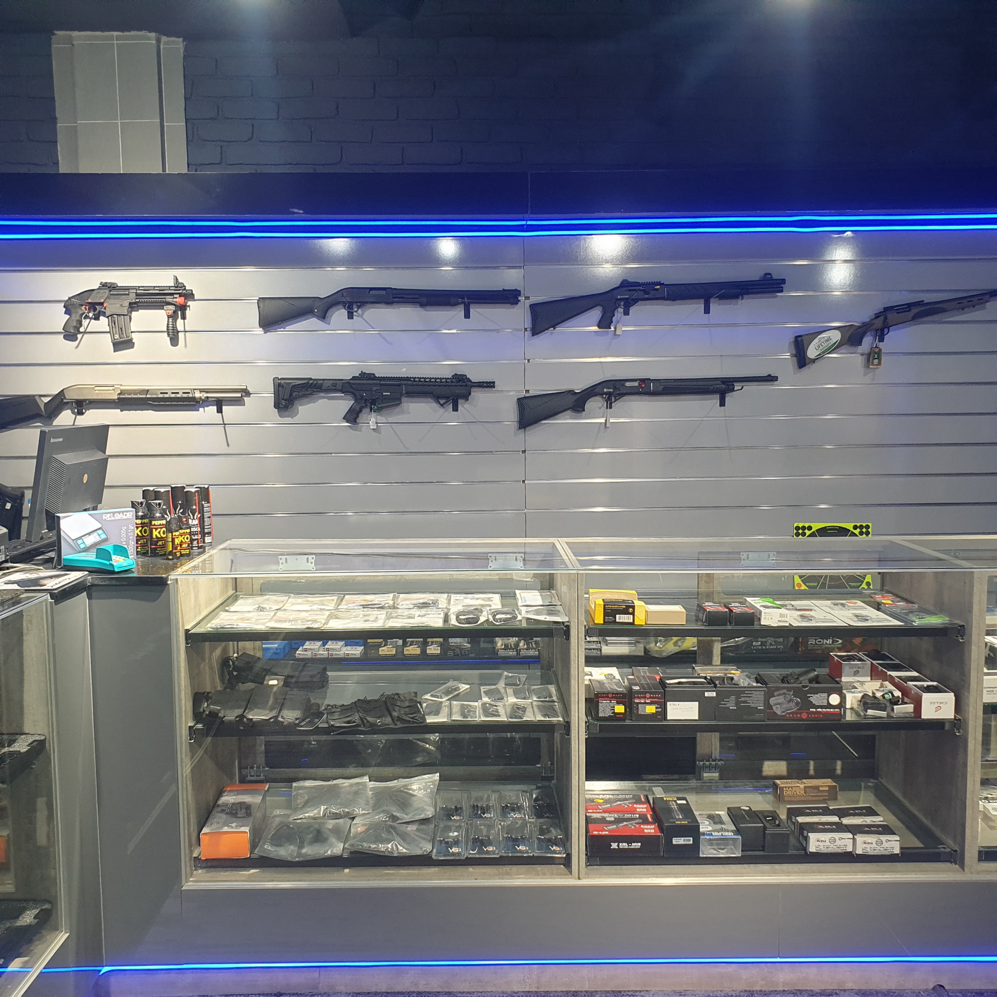 Straight-on shotgun slatwall above two glass counters of boxed accessories