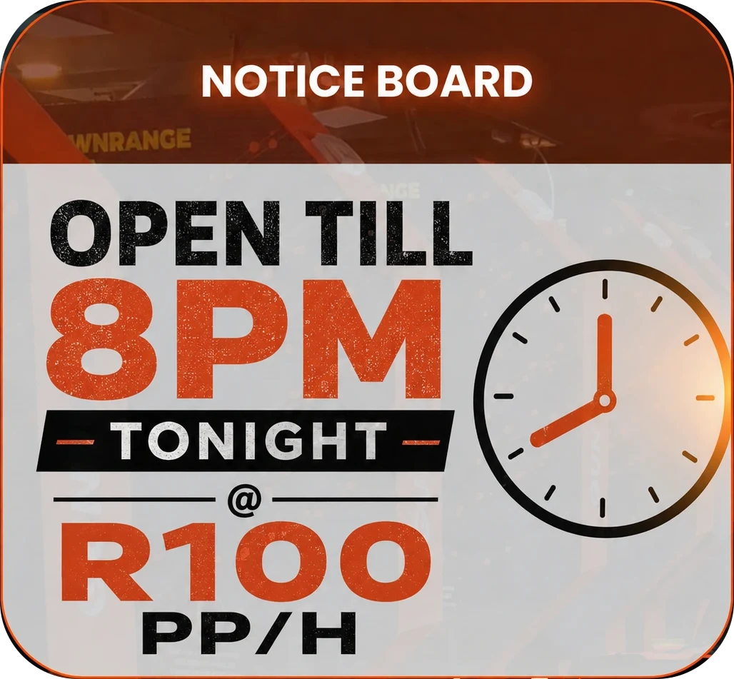 Open till 8pm tonight: range time R100 per person per hour.