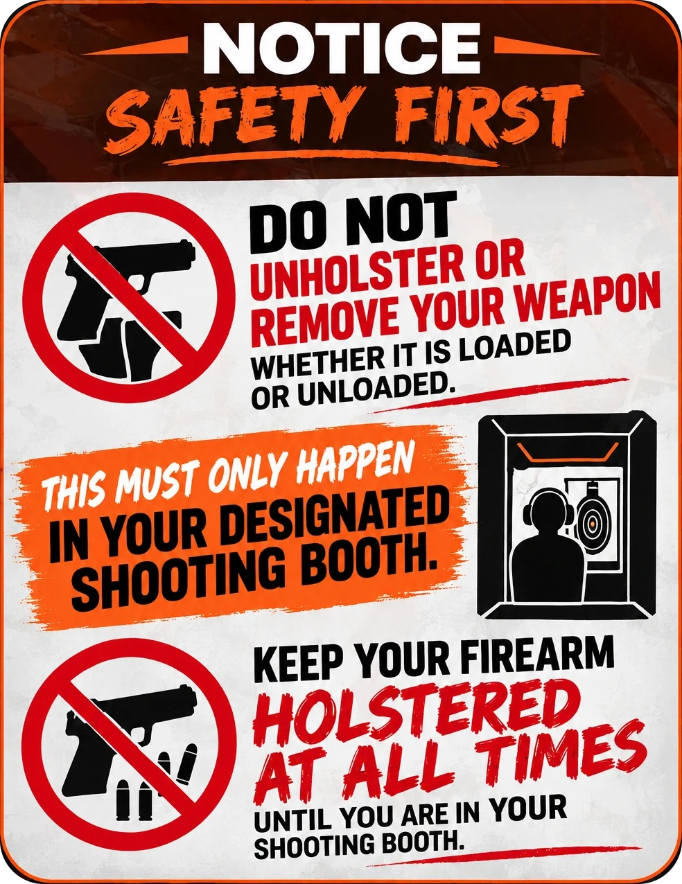 Safety first: keep your firearm holstered until you are in your shooting booth.