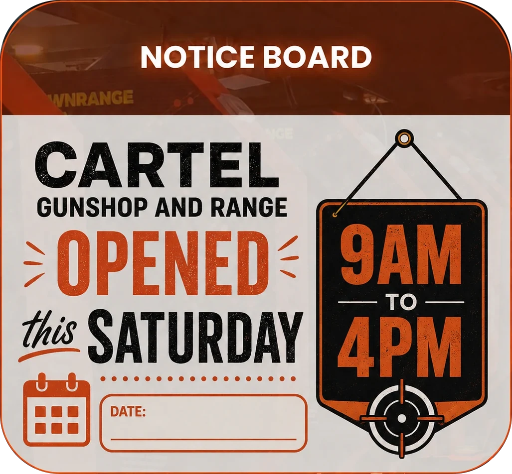 Cartel Gunshop and Range is open this Saturday, 9am to 4pm.
