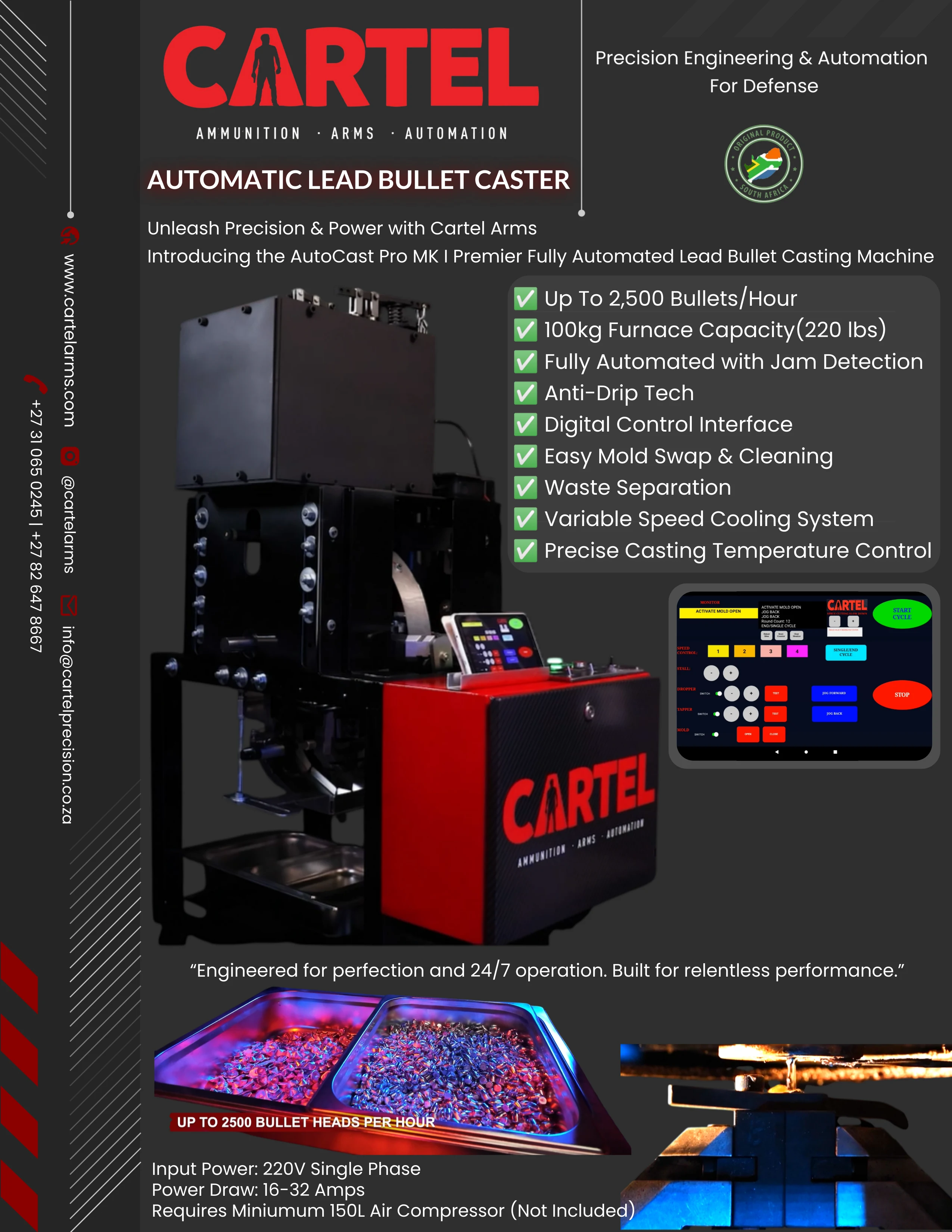 Cartel Arms AutoCast Pro MK I automatic lead bullet caster — specification and price sheet: up to 2,500 bullets per hour, 100 kg furnace capacity, jam detection, anti-drip technology, digital control interface, variable-speed cooling, 220V single phase, 16-32 amps and a 150 L air compressor requirement