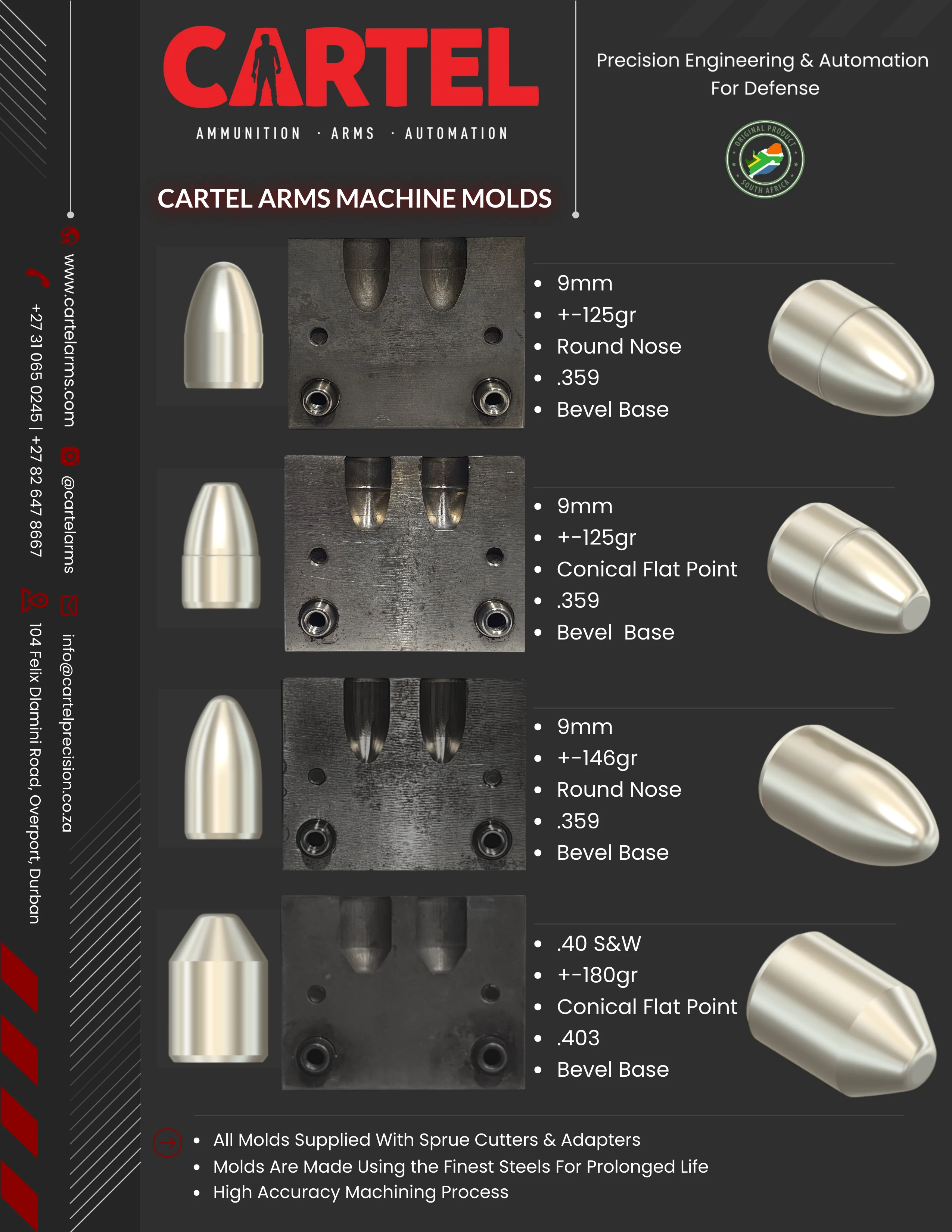 Cartel Arms machine moulds — price sheet for the four casting moulds: 9mm 125gr round nose, 9mm 125gr conical flat point, 9mm 146gr round nose and .40 S&W 180gr conical flat point, all supplied with sprue cutters and adapters
